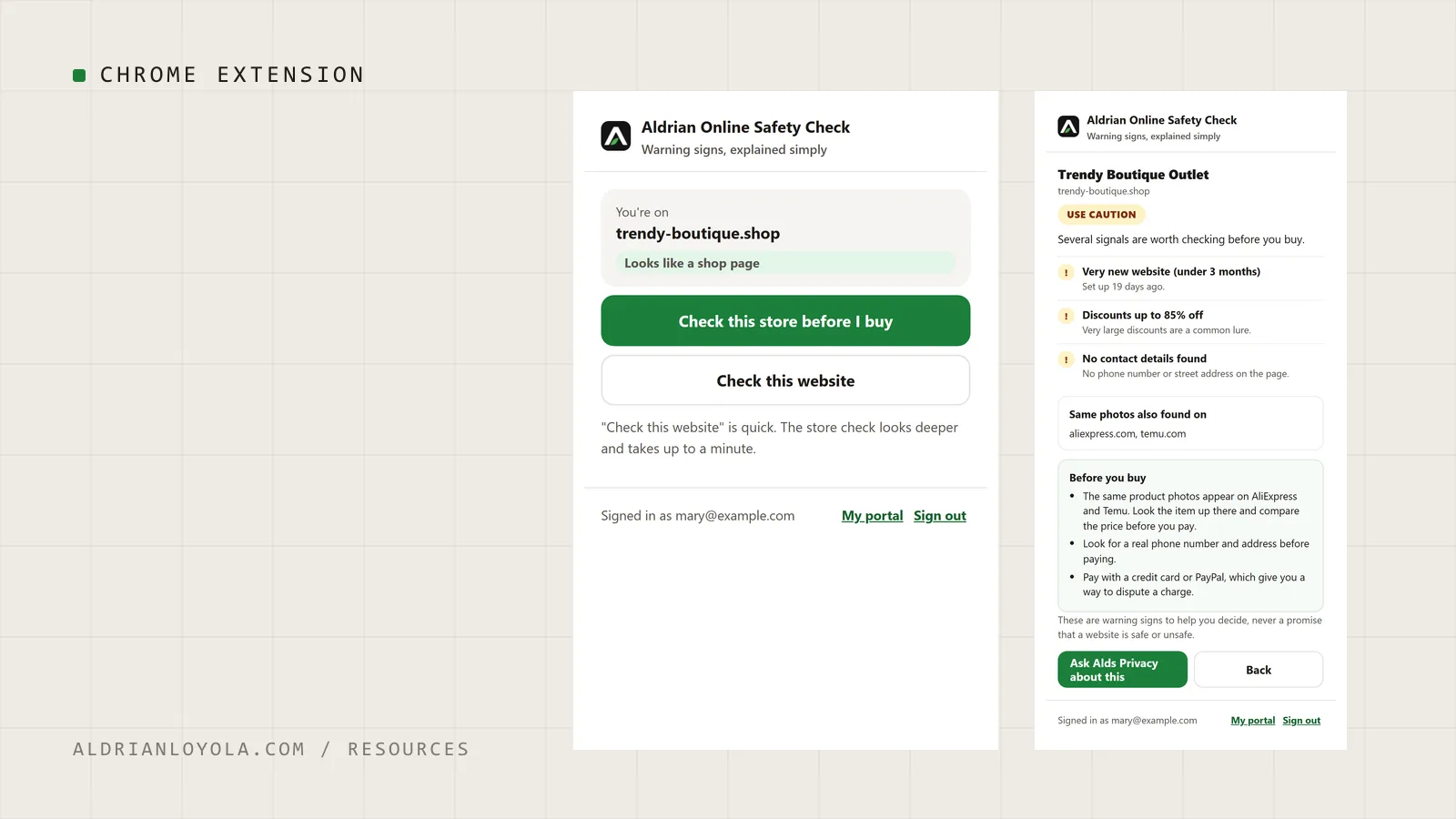 The Aldrian Online Safety Check extension showing a store's warning signs
