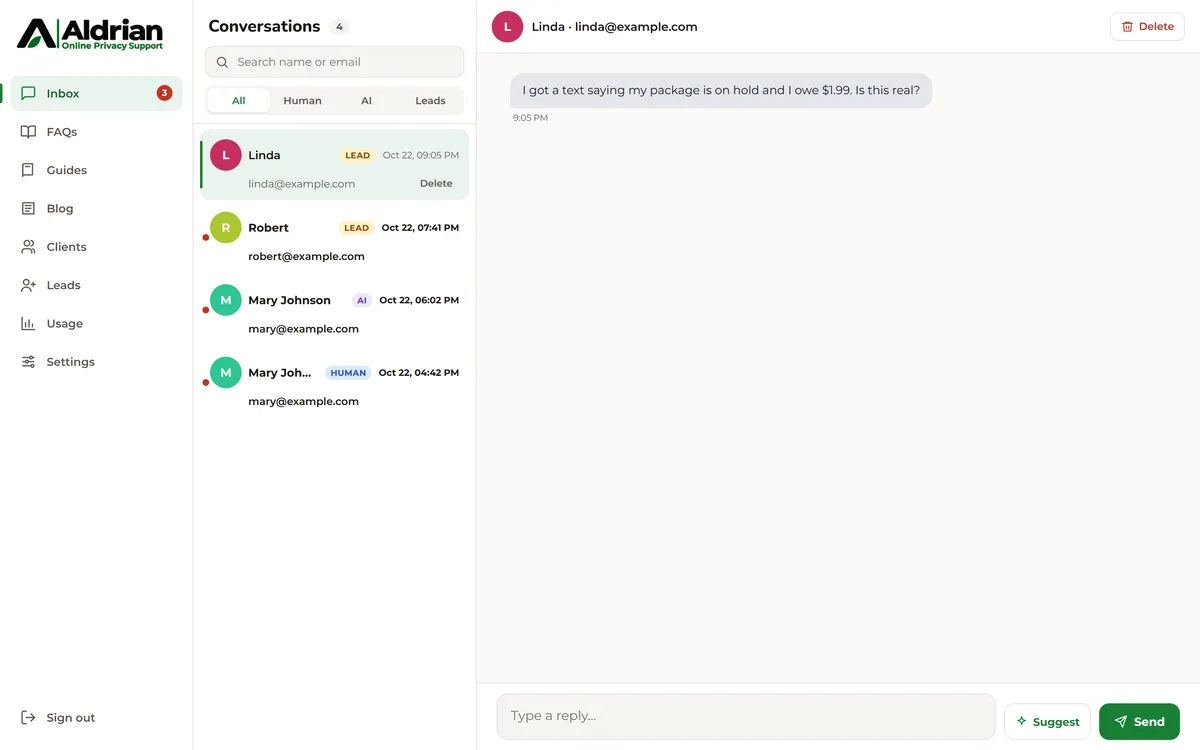 Admin conversation view with suggested reply