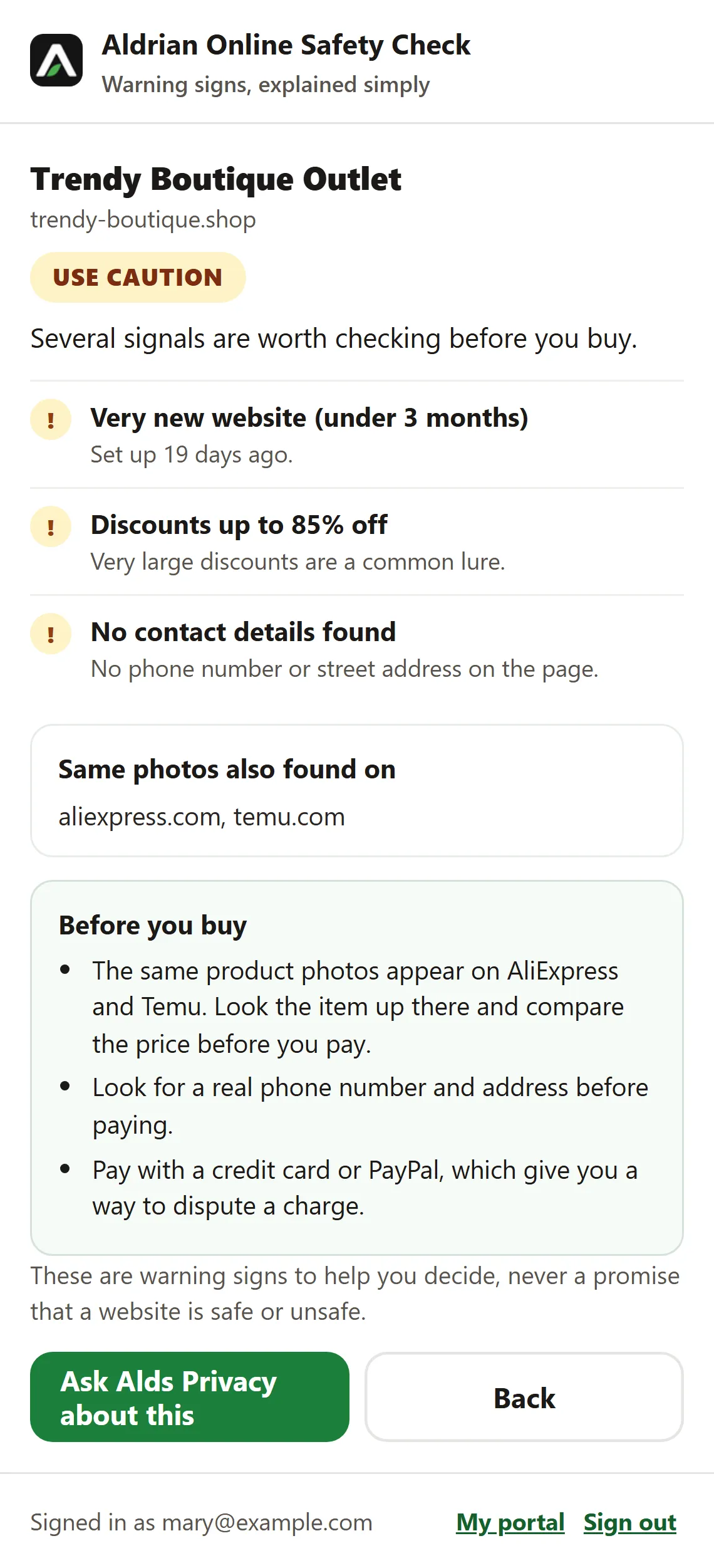Aldrian Chrome extension showing a Use caution result for an online store