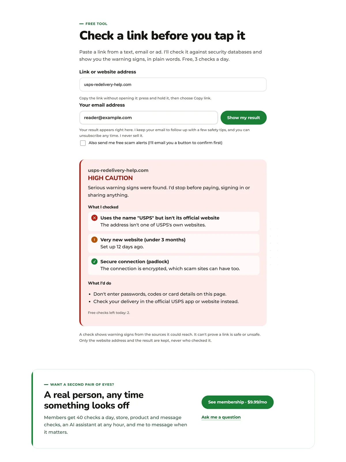 Free link check showing a High caution result