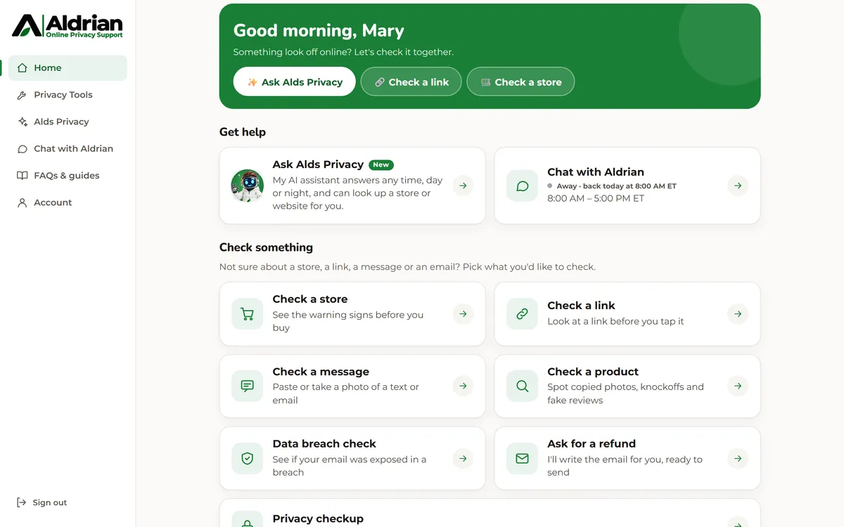 Member portal home with quick checks