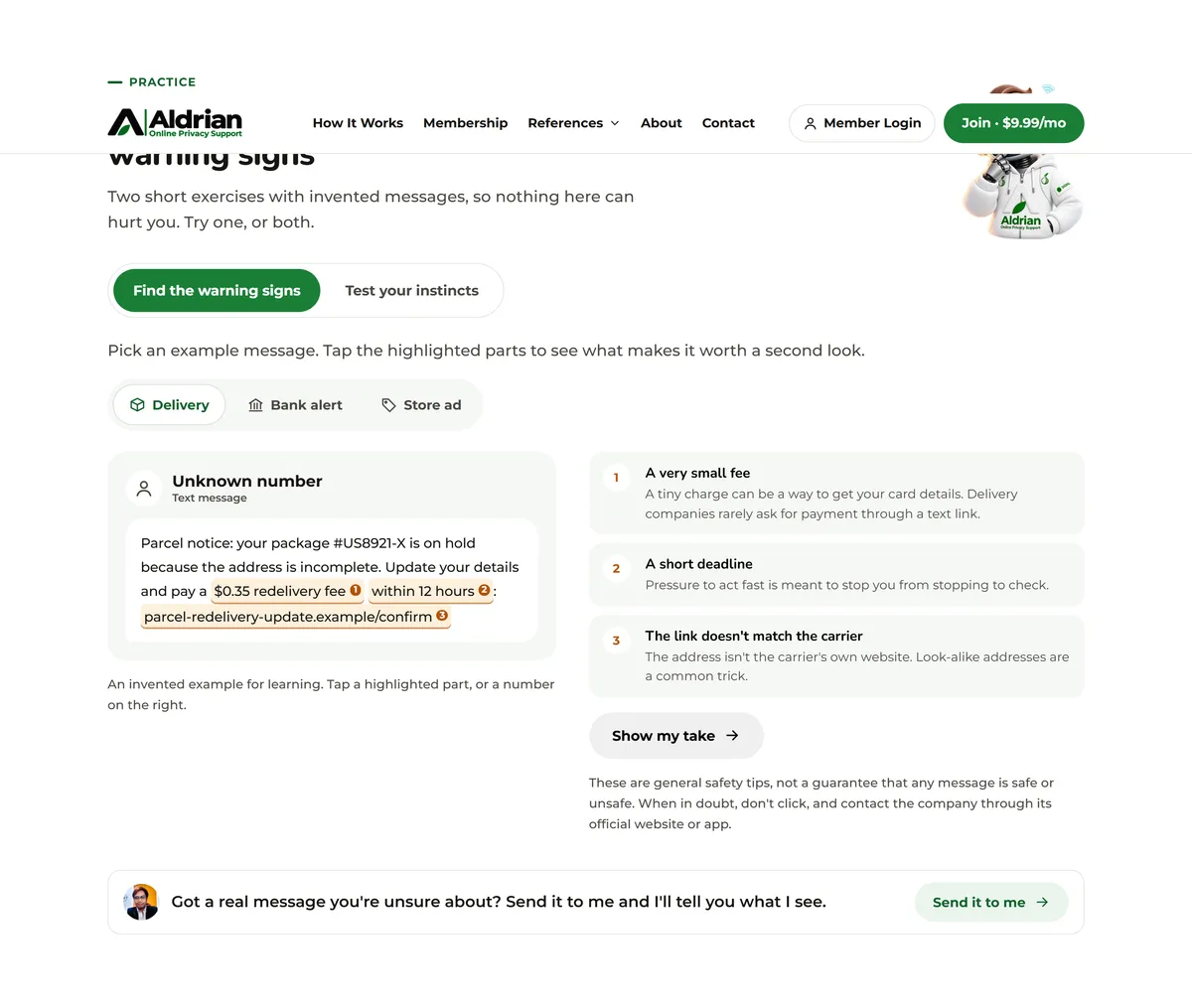 Practice exercise highlighting warning signs in an example message
