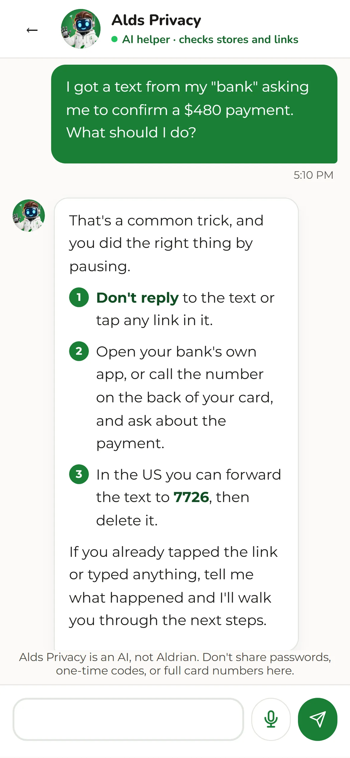 AI assistant answering a question about a suspicious bank text