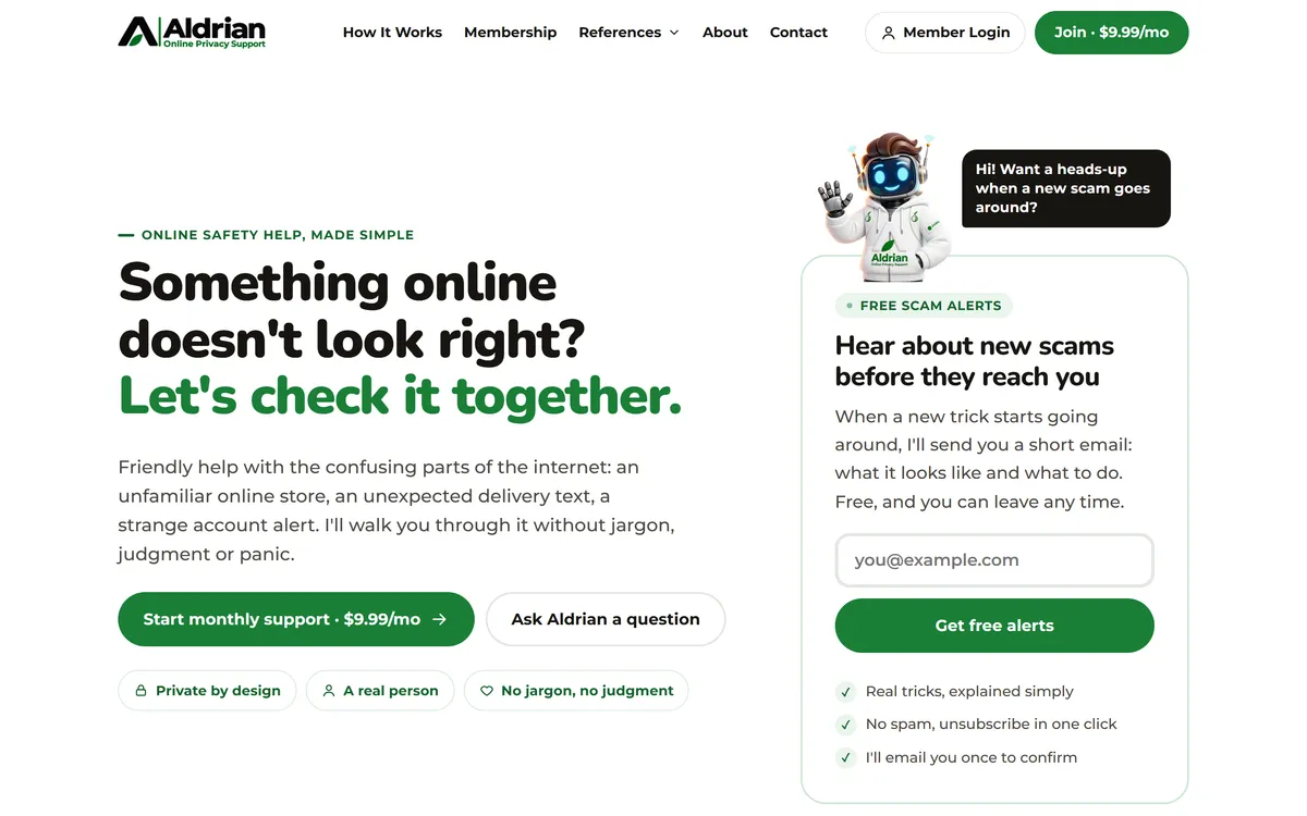 Aldrian Online Privacy Support website homepage
