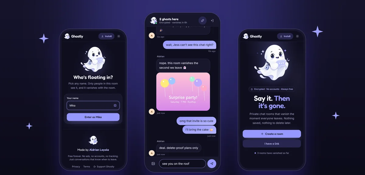 Ghostly in dark mode: joining a room and chatting