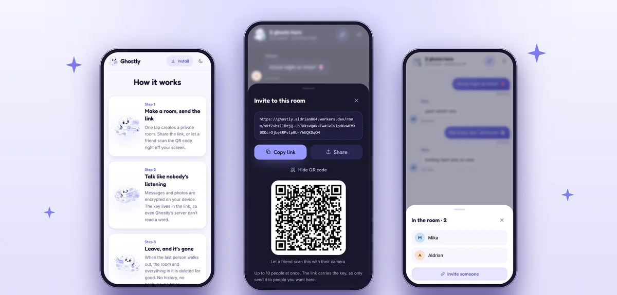 How it works, invite link with QR code, and people in the room