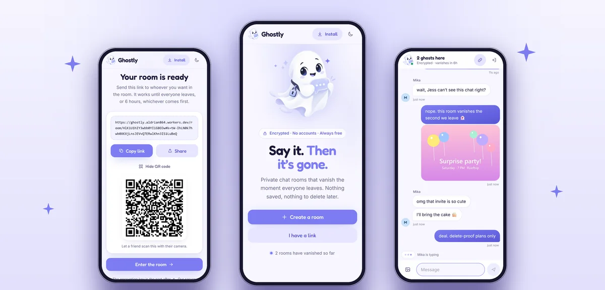 Ghostly chat app on three phones: invite, home screen and an encrypted chat