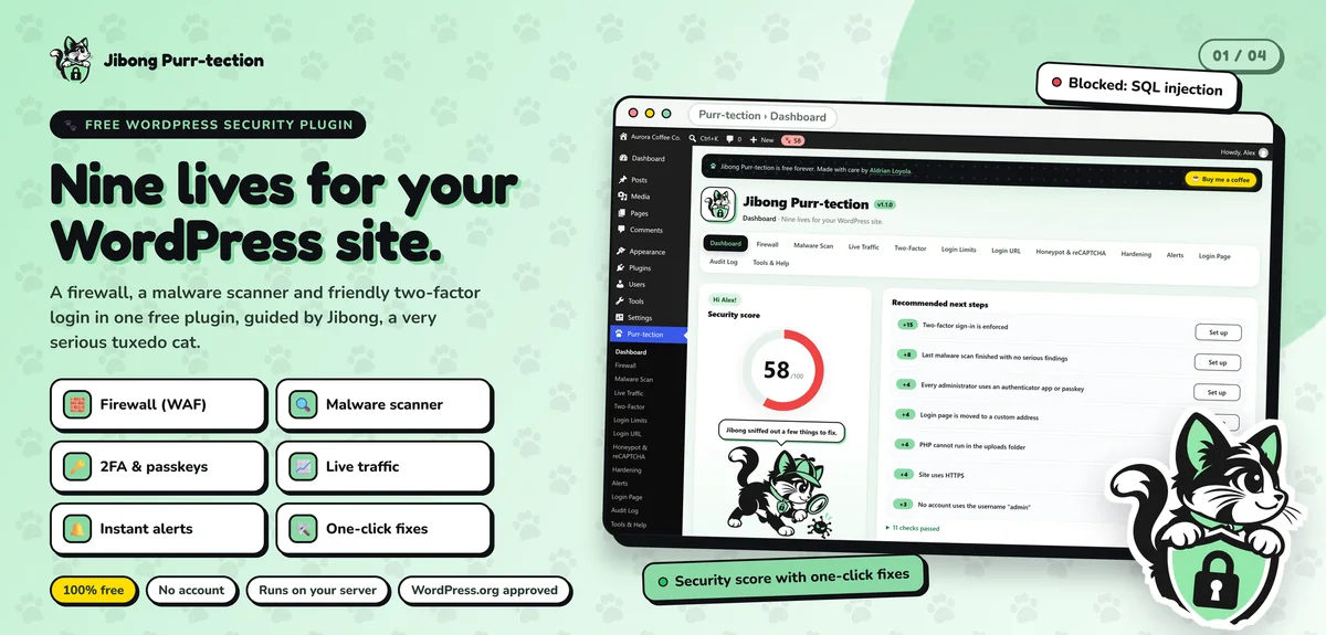 Jibong Purr-tection dashboard with a security score and recommended fixes