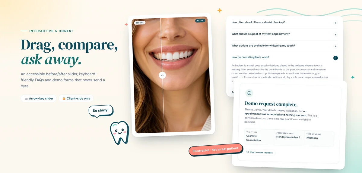 Before and after slider, FAQ and demo form