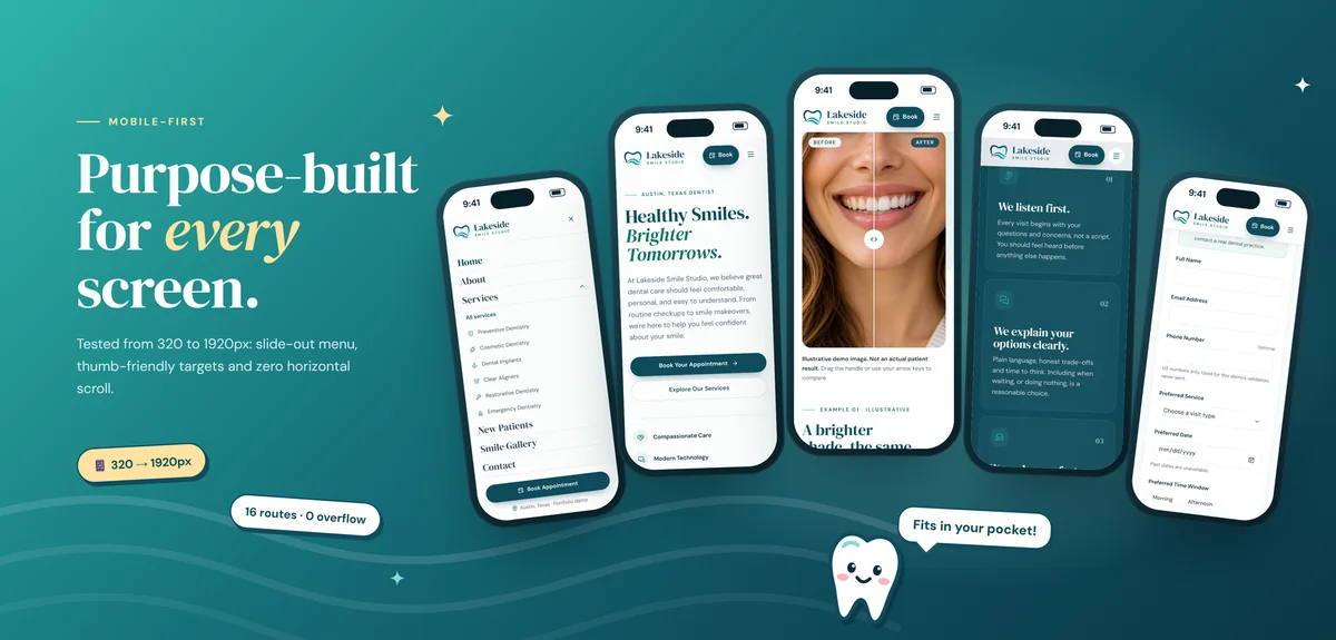 The site on several phone screens