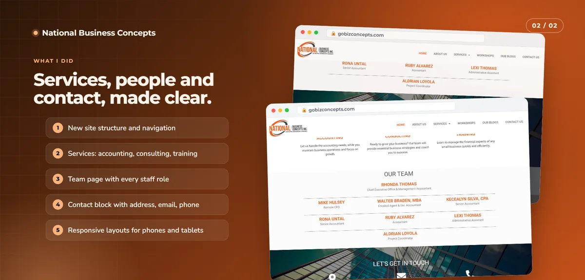 Services, team and contact sections with a checklist of the work