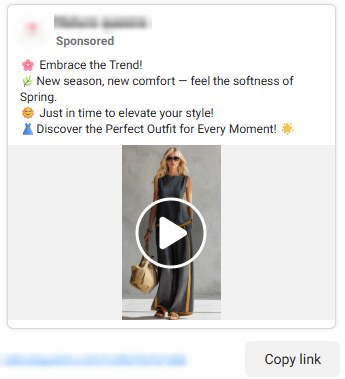 A sponsored fashion post with cheerful emoji lines: Embrace the trend, new season, new comfort, discover the perfect outfit. A video shows a model in a long grey dress. The link goes to a sale collection. Store name blurred.