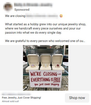 A sponsored post from a jewelry shop that says it is closing. A photo shows three rings in boxes and a handwritten sign: We're closing, everything is free, you just cover shipping. The link text says Free Jewelry, Just Cover Shipping! Almost sold out! Store name blurred.
